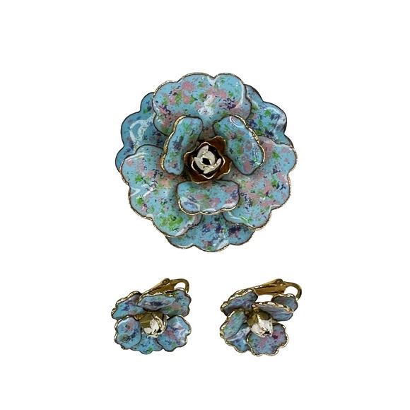 Jewelry - VINTAGE Enamel Flower Brooch & Clip-on Earrings Set • blue, pink, green